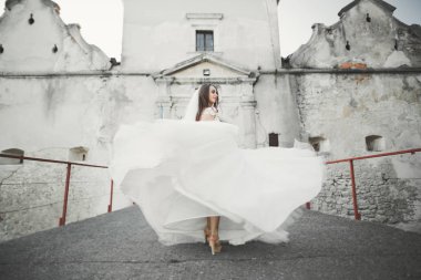 Muhteşem romantik zarif stil güzel beyaz gelin arka planda antik barok kalesinde