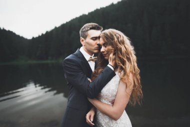 Güzel bir düğün çifti mükemmel bir manzarayla dağda öpüşüyor ve sarılıyor.