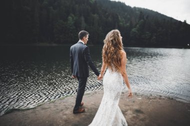 Mükemmel bir çift gelin ve damat düğün günlerinde poz verip öpüşürler.