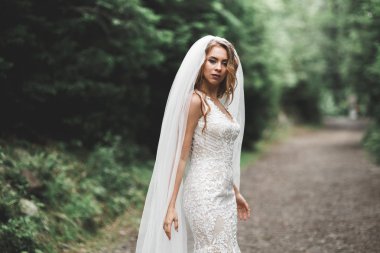 Parkta poz veren zarif beyaz elbiseli güzel gelin.