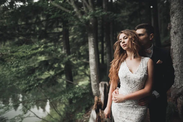 Glückliches Hochzeitspaar beim Spaziergang in einem botanischen Park — Stockfoto