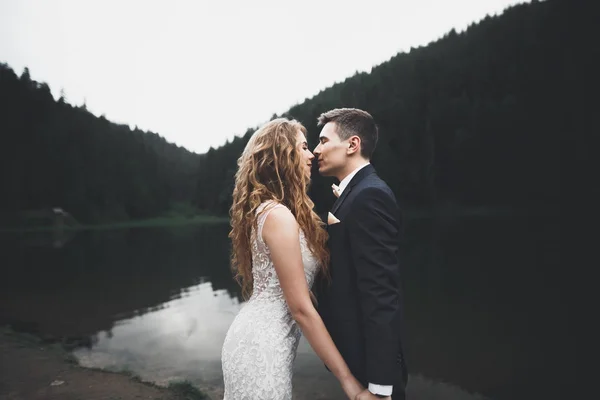 Happy wedding couple posing over beautiful landscape in the mountains — Stock Photo, Image