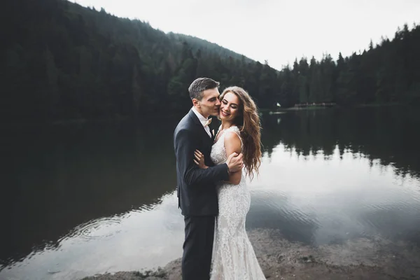 Glückliches Hochzeitspaar posiert über schöner Landschaft in den Bergen — Stockfoto