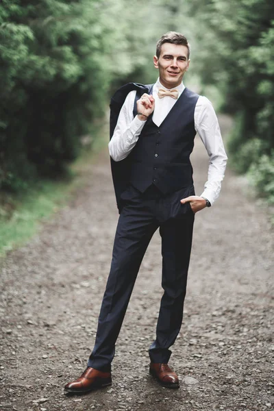 Young handsome man posing on mountain forest — Stock Photo, Image