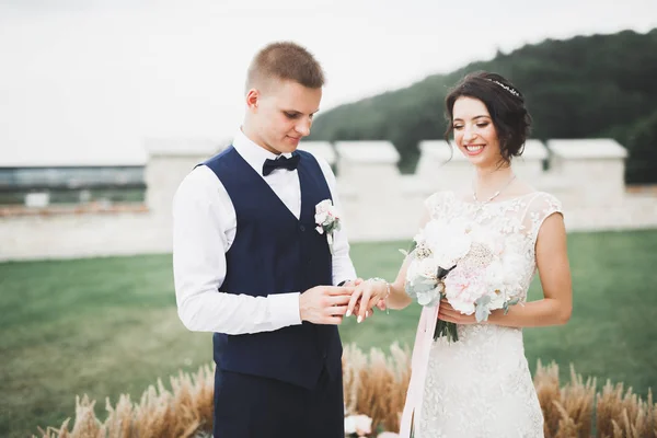 Novia y novio intercambiando anillos de boda. Elegante ceremonia oficial de pareja —  Fotos de Stock