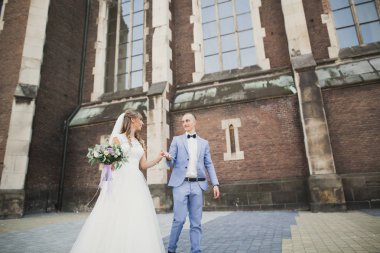 Mükemmel bir çift gelin ve damat düğün günlerinde poz verip öpüşürler.