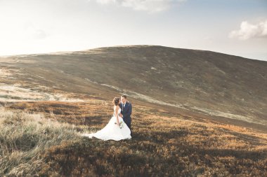 Düğün çifti düğün gün batımında poz. Gelin ve damat aşık