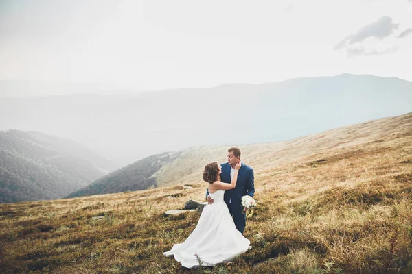 Glückliches Hochzeitspaar posiert über schöner Landschaft in den Bergen — Stockfoto