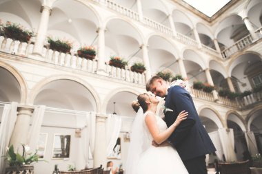 Mükemmel bir çift gelin ve damat düğün günlerinde poz verip öpüşürler.