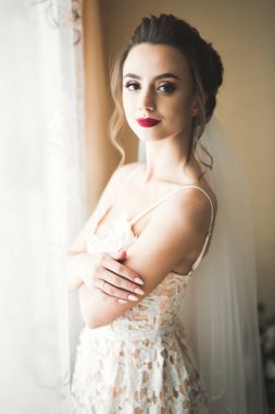 Düğün sabahı peçeli güzel bir gelin portresi.