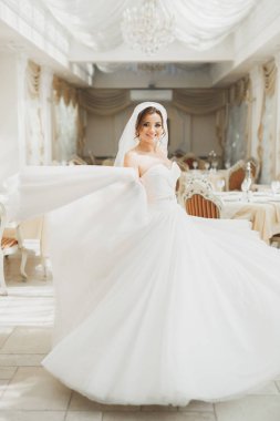 Tüylü, lüks makyaj, saç stili, stüdyo içi fotoğraf çekimi olan güzel bir gelin.