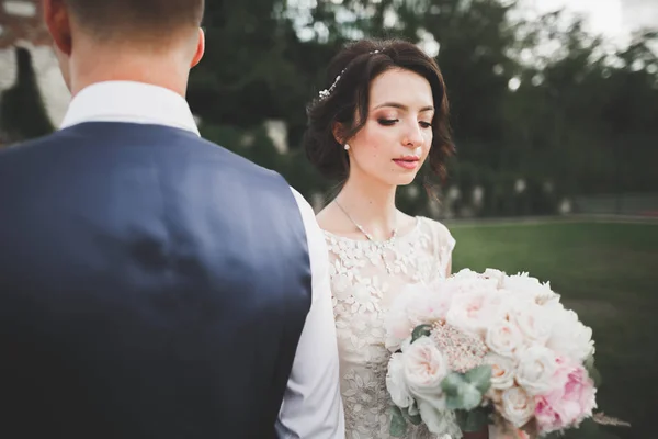 Romantic, fairytale, happy newlywed couple hugging and kissing in a park, trees in background — Stock Photo, Image