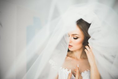 Cüppeli muhteşem gelin bir odada düğün töreni için poz veriyor ve hazırlanıyor.