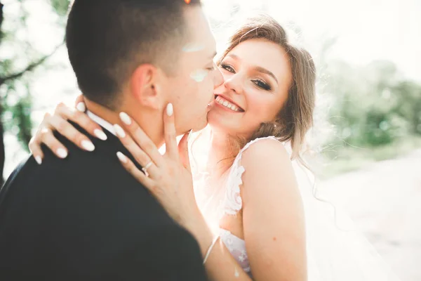 Pareja feliz boda caminando en un parque botánico — Foto de Stock