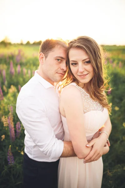 Nevěsta drží štolbové krk, zatímco on ji políbí v paprscích zapadajícího slunce — Stock fotografie