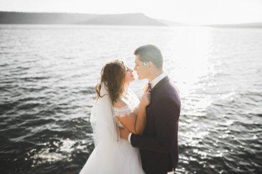 Güzel bir sahilde poz veren genç bir çiftin mutlu ve romantik sahnesi.