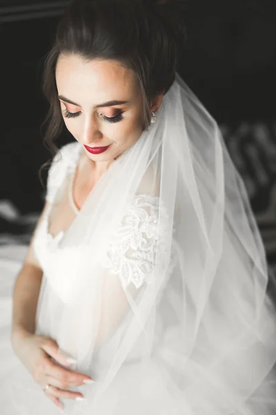 Hermosa novia con vestido de novia de moda con plumas con maquillaje de lujo deleite y peinado, estudio sesión de fotos interior — Foto de Stock