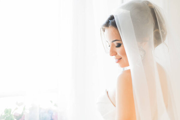 Portrait of beautiful bride with fashion veil at wedding morning.