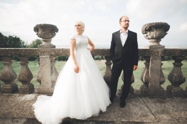 Güzel, romantik bir düğün. Yeni evliler. Eski kalenin yakınlarında sarılıyorlar.