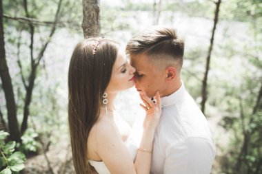 Öpüşen düğün çifti güzel manzarada kalıyor.