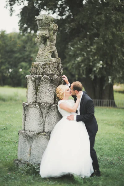 Güzel, romantik bir düğün. Yeni evliler. Eski kalenin yakınlarında sarılıyorlar. — Stok fotoğraf