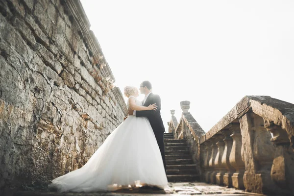Καταπληκτικό χαρούμενο απαλό κομψό όμορφο ρομαντικό καυκάσιο ζευγάρι στο βάθος αρχαίο μπαρόκ κάστρο — Φωτογραφία Αρχείου