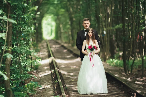 Casal de casamento jovem, noiva e noivo posando em uma trilha ferroviária — Fotografia de Stock