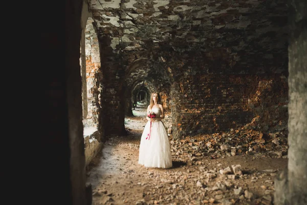 Solo pose sposate e baci con una vecchia fortezza sullo sfondo — Foto Stock