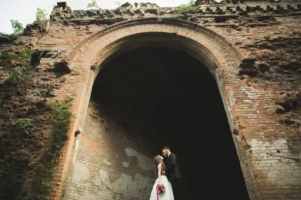 Sensuale coppia sposata, valentini che si abbracciano davanti al vecchio castello slavo — Foto Stock