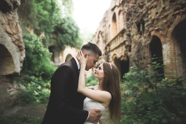 Incroyable heureux doux élégant beau couple romantique caucasien sur le fond ancien château baroque — Photo