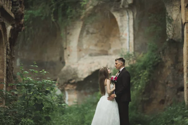 Gelukkig pasgetrouwden in de buurt van het oude kasteel op de wandeling — Stockfoto
