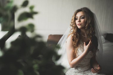 Güzel moda peçe düğün sabah gelinle portresi. Gelinlik.