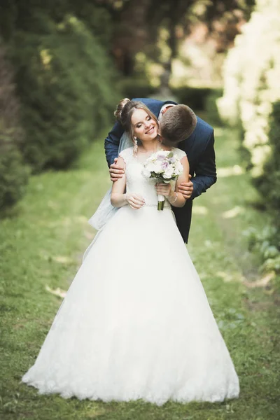 Frisch verheiratetes Paar rennt und springt im Park und hält Händchen — Stockfoto