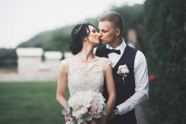 Botanik parkında yürüyen mutlu bir çift.