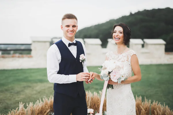 Gelin ve damat alyanslarını değiş tokuş ediyorlar. Şık bir çift töreni. — Stok fotoğraf