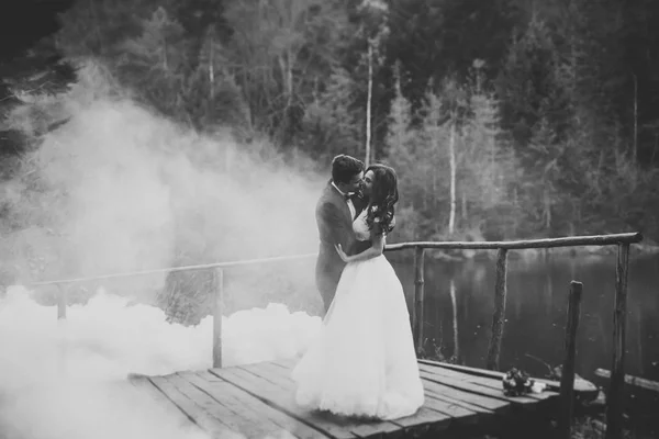 Romantisk, saga, glada nygifta par kramas och kyssas i en park, träd i bakgrunden — Stockfoto