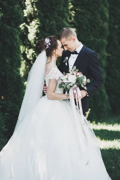 Joyeux couple de mariage marchant dans un parc botanique — Photo