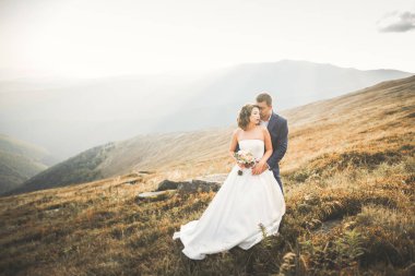 Güzel dağlarda poz veren mutlu bir düğün çifti.