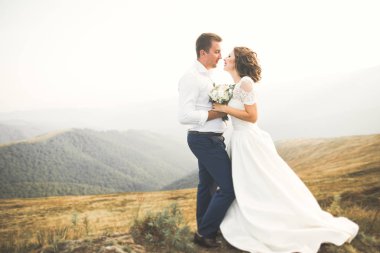 Düğün çifti düğün gün batımında poz. Gelin ve damat aşık