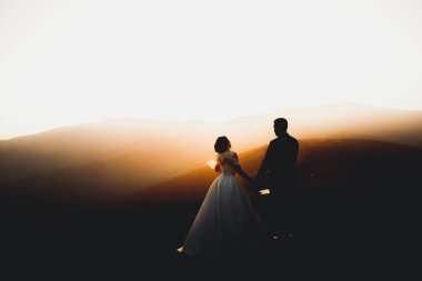 Düğün çifti düğün gün batımında poz. Gelin ve damat aşık