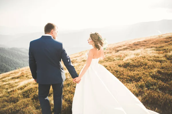 Schönes Hochzeitspaar küsst und umarmt sich in der Nähe des Berges mit perfekter Aussicht — Stockfoto