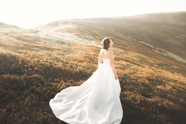 Noiva bonita feliz fora em um prado de verão no por do sol com vista perfeita — Fotografia de Stock