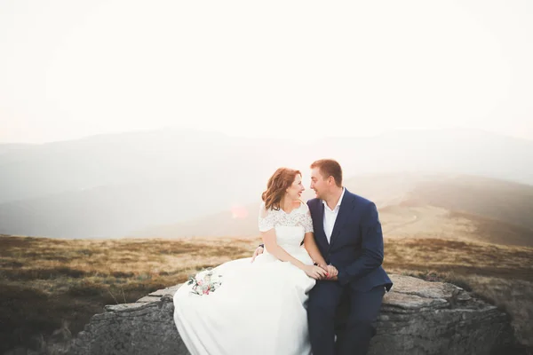 Joyeux couple de mariage posant sur un beau paysage dans les montagnes — Photo