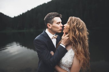 Mükemmel bir çift gelin ve damat düğün günlerinde poz verip öpüşürler.