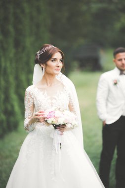 Güzel romantik bir çift yeni evliler gün batımında parkta sarılıyorlar.