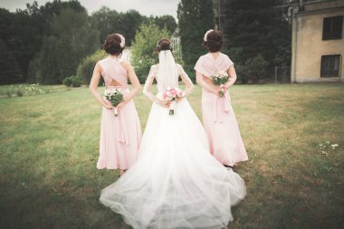 Düğün günü parkta nedimeleri olan gelin.