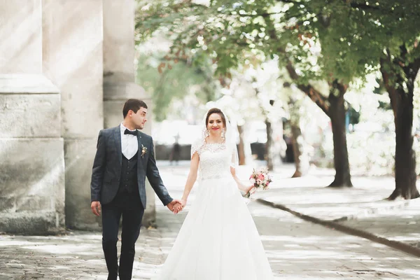 Hermosa pareja de boda caminando en la ciudad vieja de Lviv — Foto de Stock