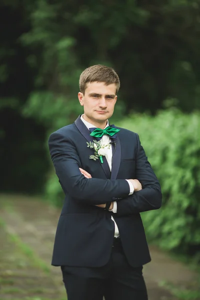 Šťastný pohledný usměvavý ženich pózující s boutonniere — Stock fotografie