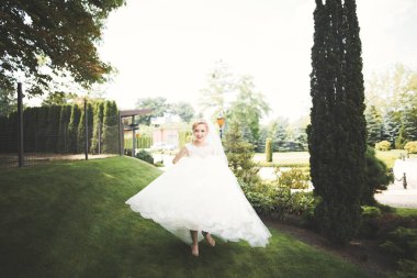 Parkta poz veren zarif beyaz elbiseli güzel gelin.