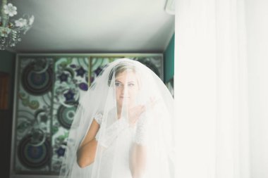 Beyaz elbiseli lüks gelin düğün törenine hazırlanırken poz veriyor.